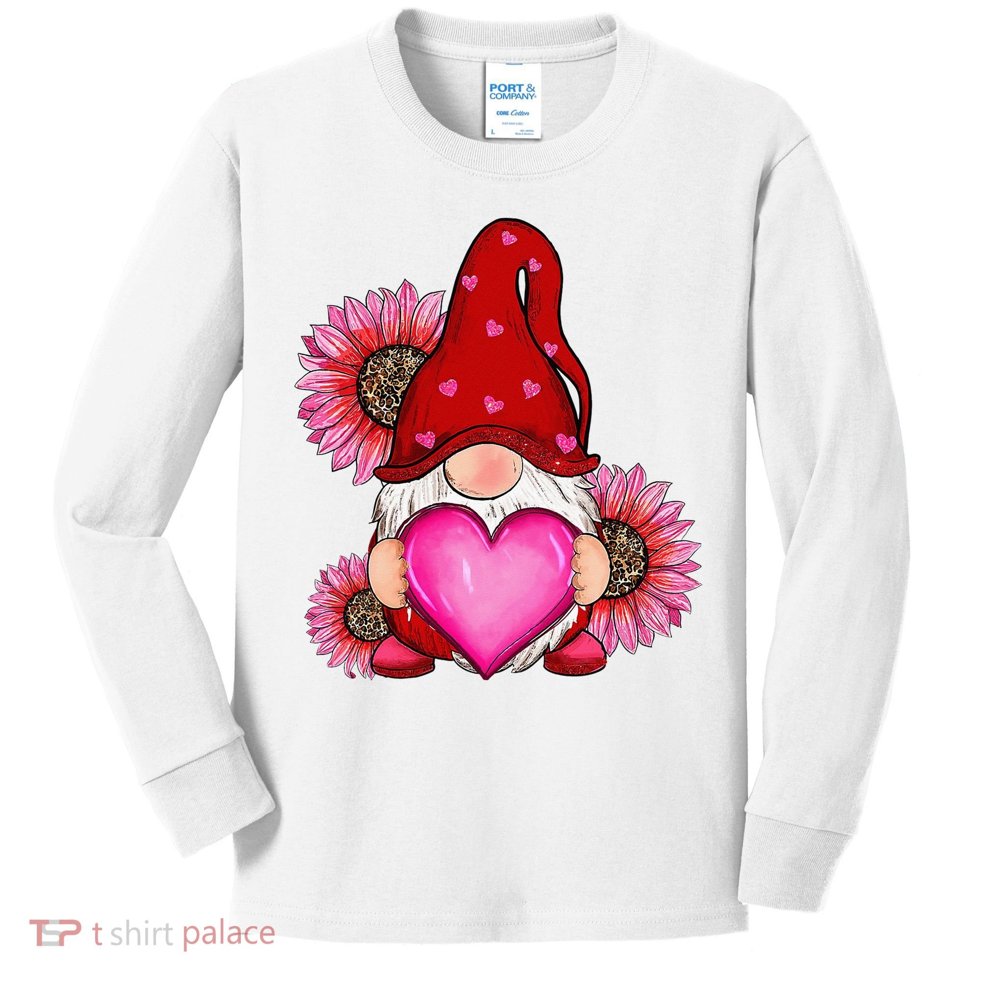 Happy Valentine's Day Gnome with Leopard Sunflower Valentine Kids Long Sleeve Shirt