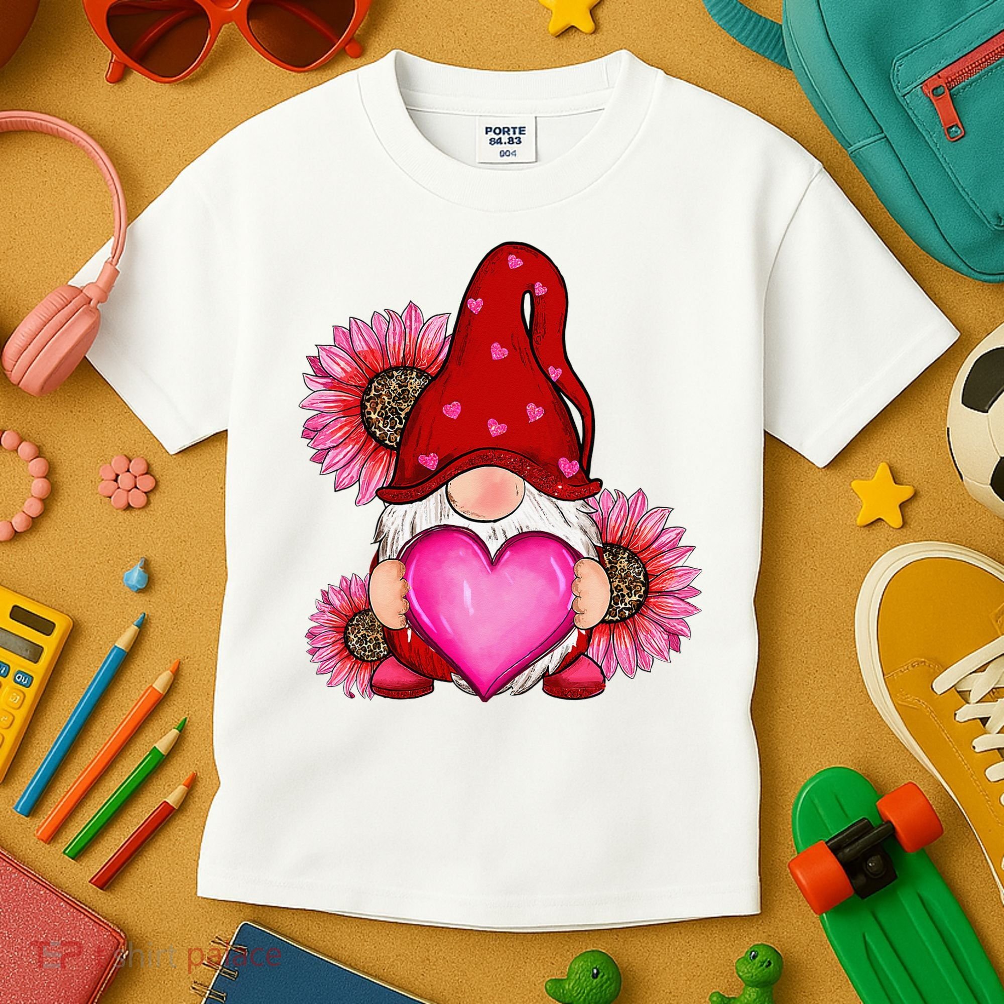 Happy Valentine's Day Gnome with Leopard Sunflower Valentine Kids T-Shirt