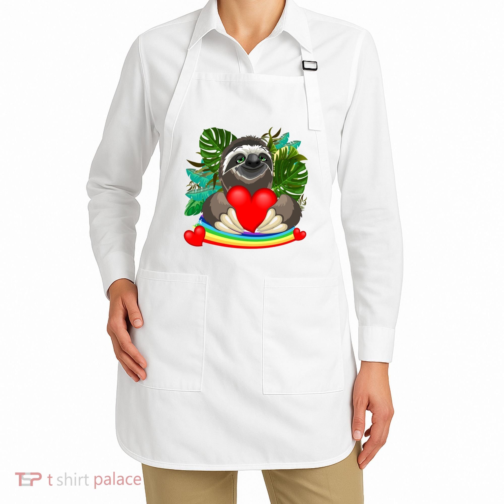 Happy Valentines Day Cute Sloth With Rainbow And Heart Apron