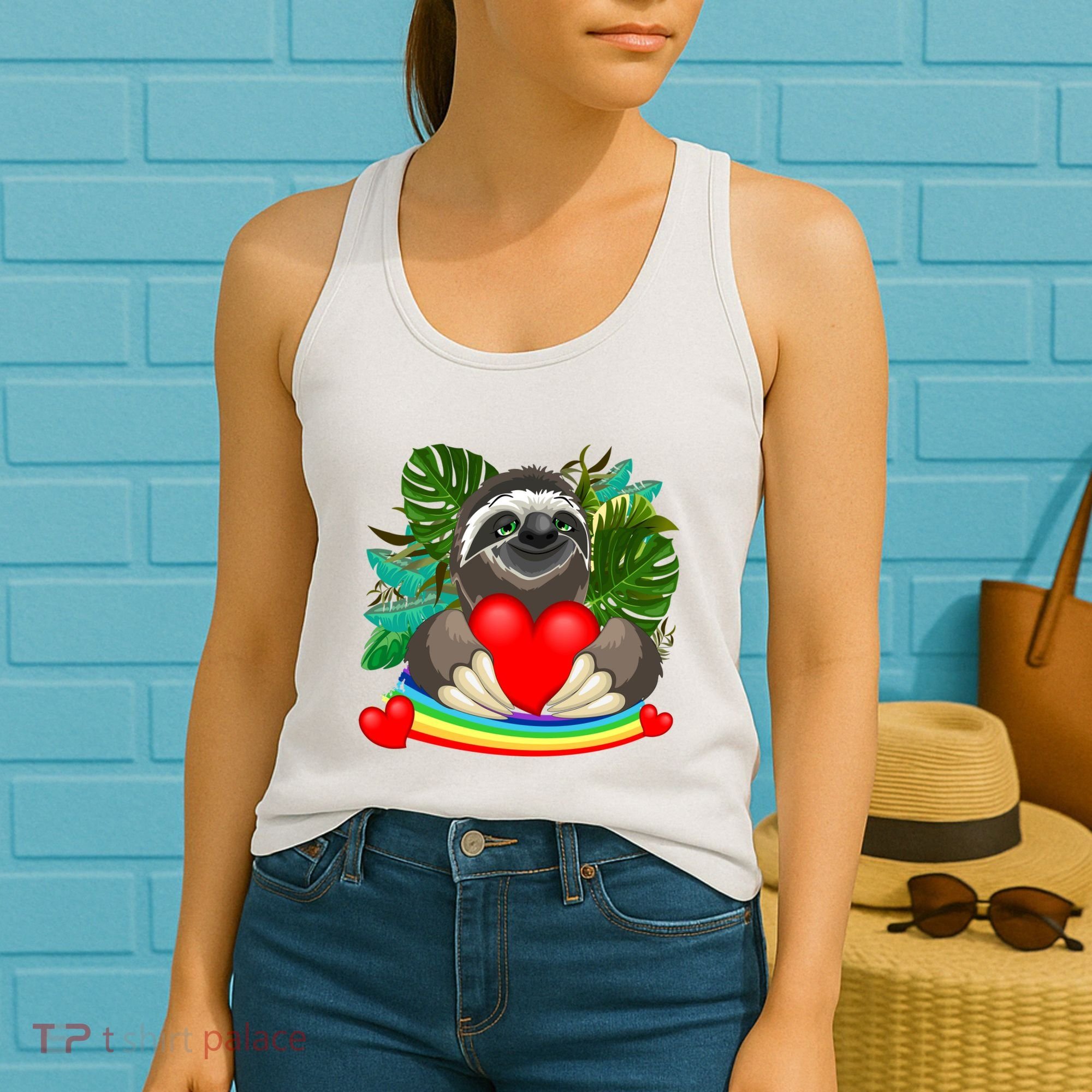 Happy Valentines Day Cute Sloth With Rainbow And Heart Women's Tank Top