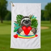 Happy Valentines Day Cute Sloth With Rainbow And Heart Golf Towel thumb 1
