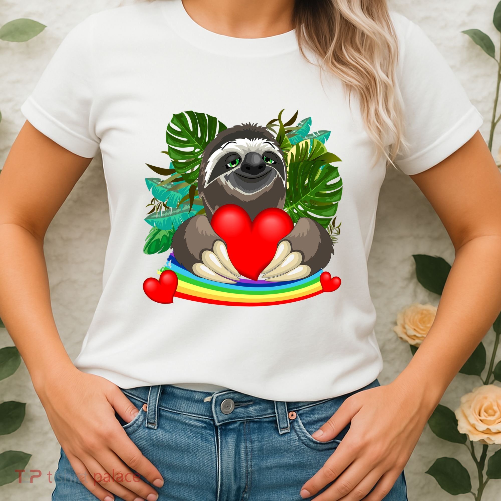 Happy Valentines Day Cute Sloth With Rainbow And Heart Women's T-Shirt