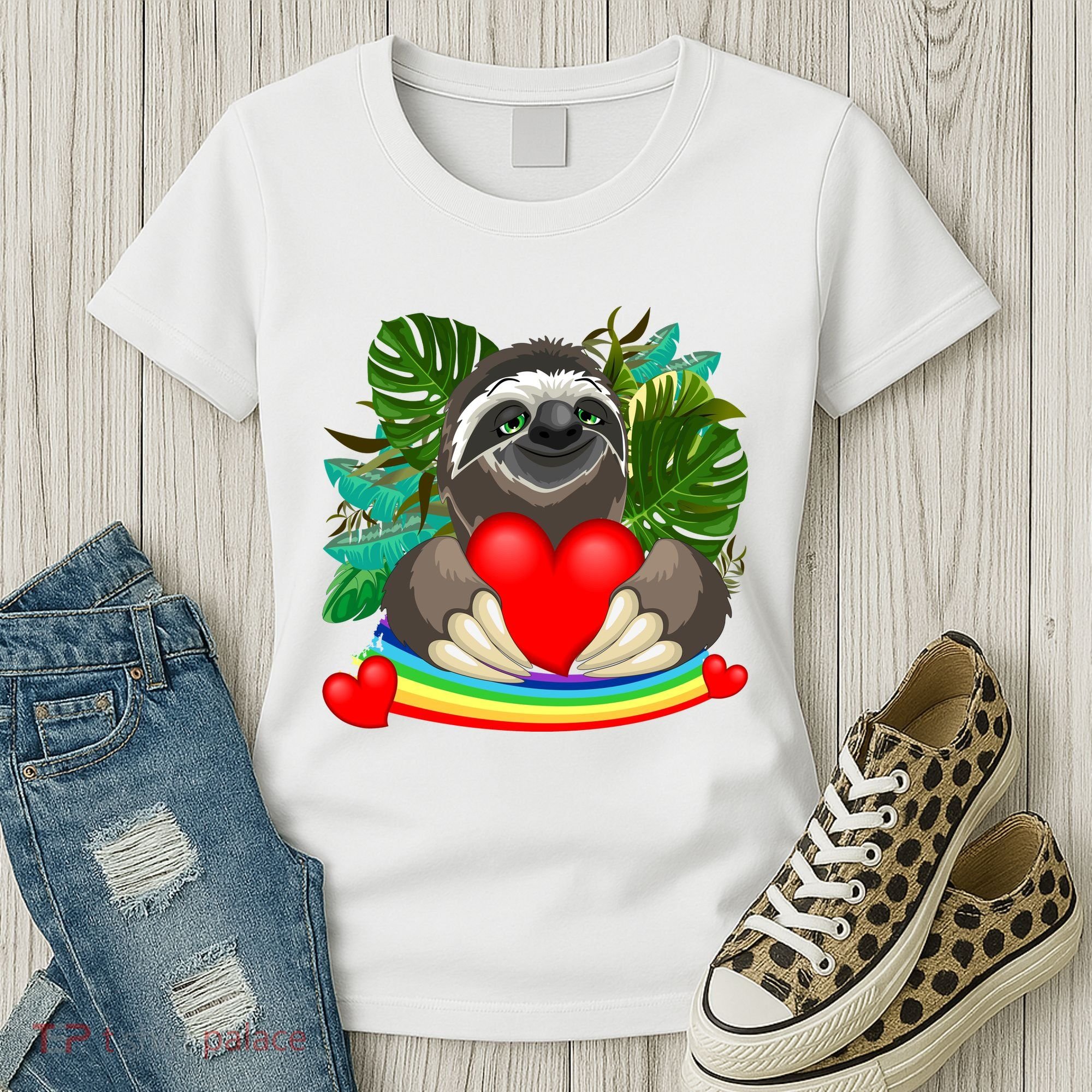 Happy Valentines Day Cute Sloth With Rainbow And Heart Women's T-Shirt