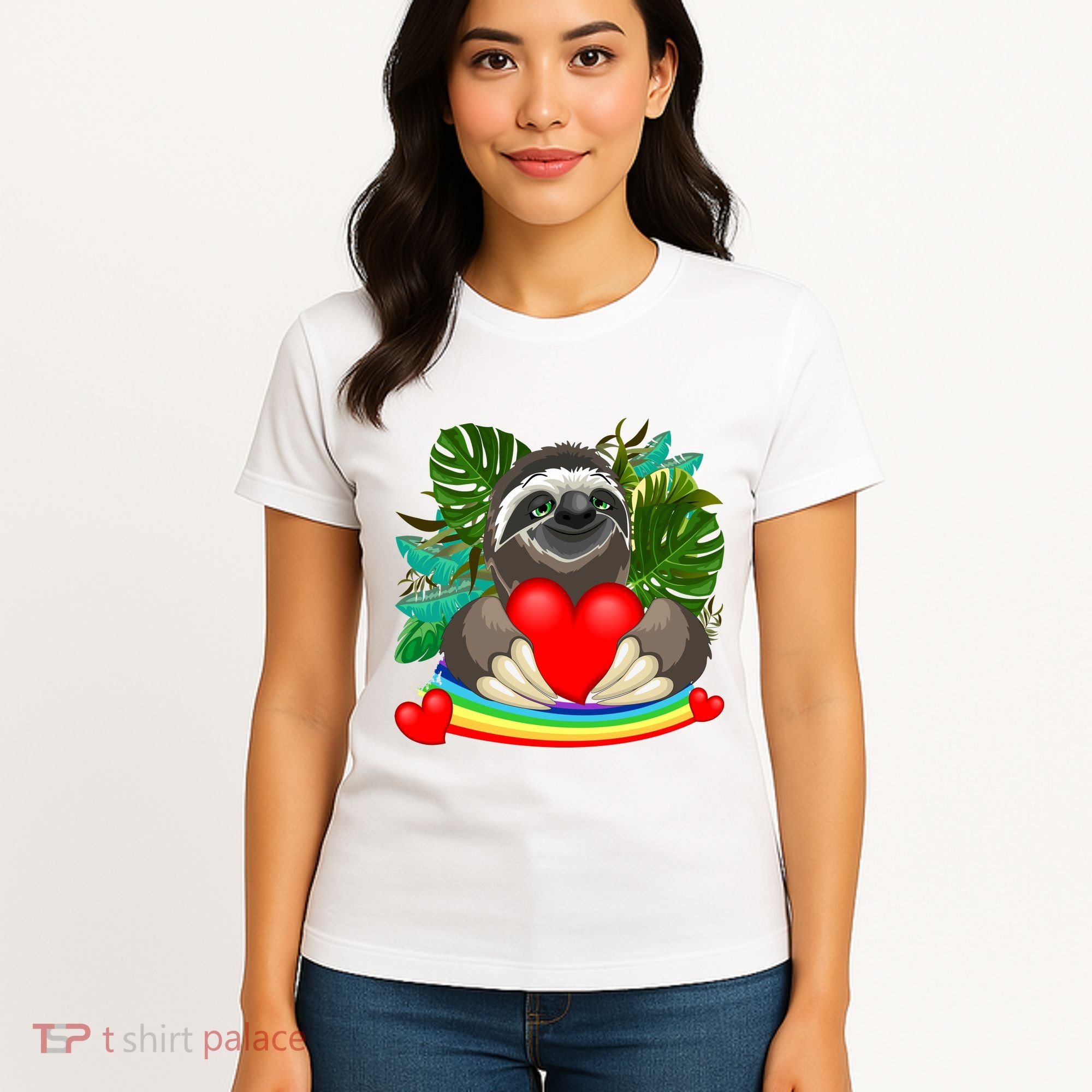 Happy Valentines Day Cute Sloth With Rainbow And Heart Women's T-Shirt