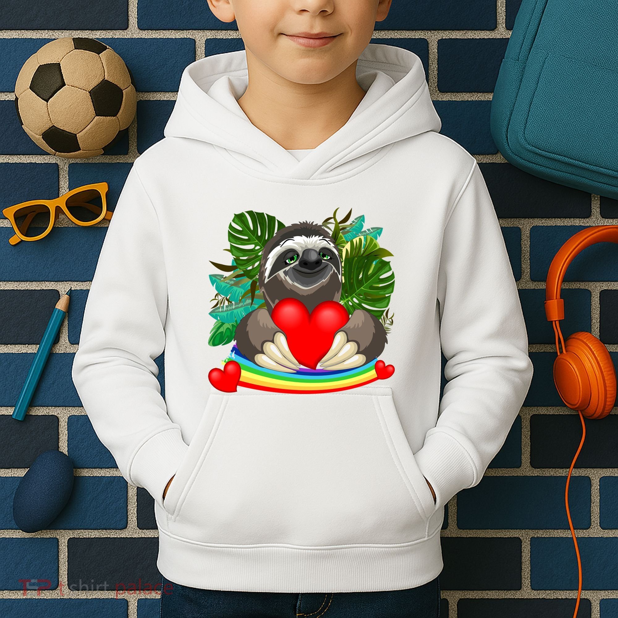 Happy Valentines Day Cute Sloth With Rainbow And Heart Kids Hoodie
