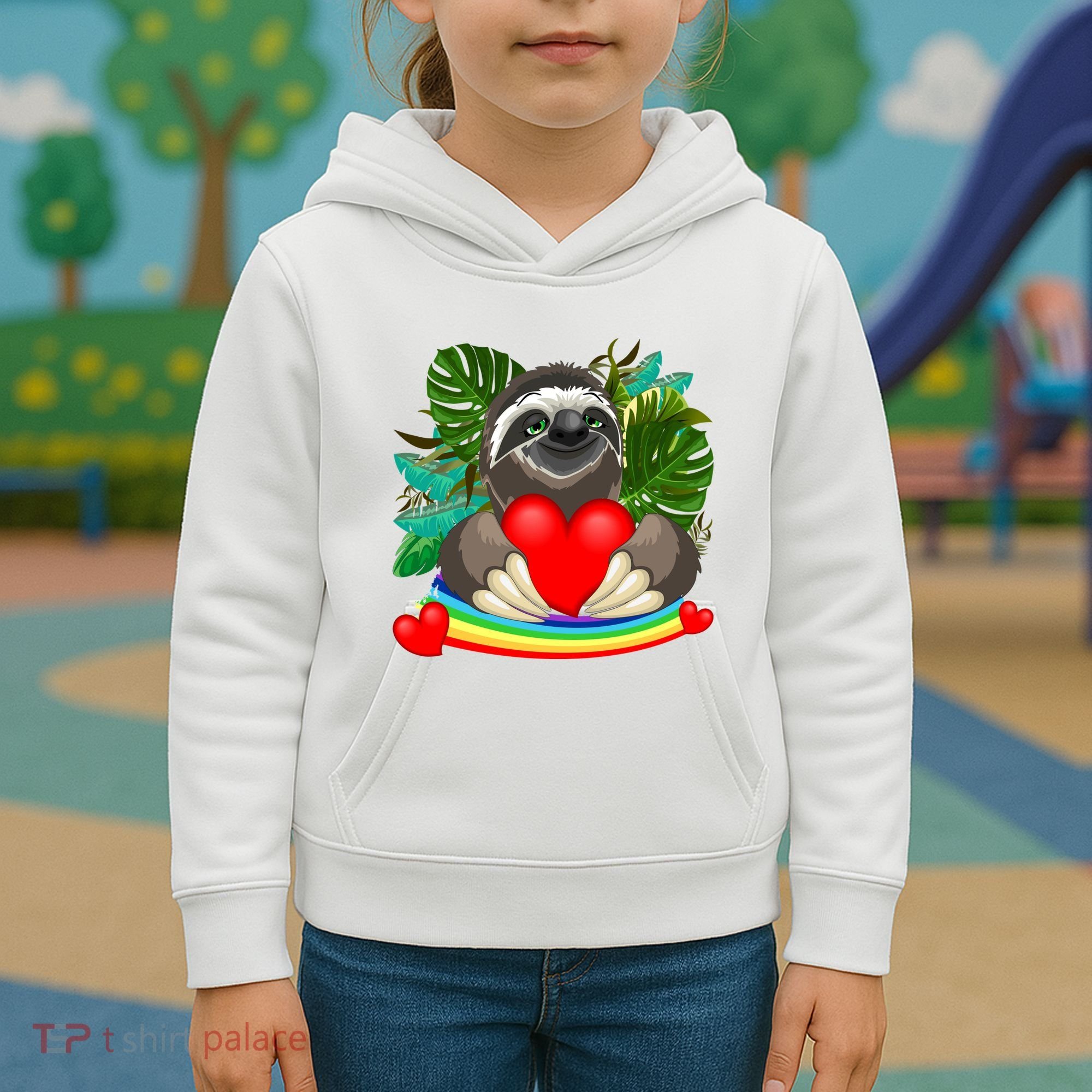 Happy Valentines Day Cute Sloth With Rainbow And Heart Kids Hoodie