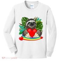 Happy Valentines Day Cute Sloth With Rainbow And Heart Kids Long Sleeve Shirt thumb 0