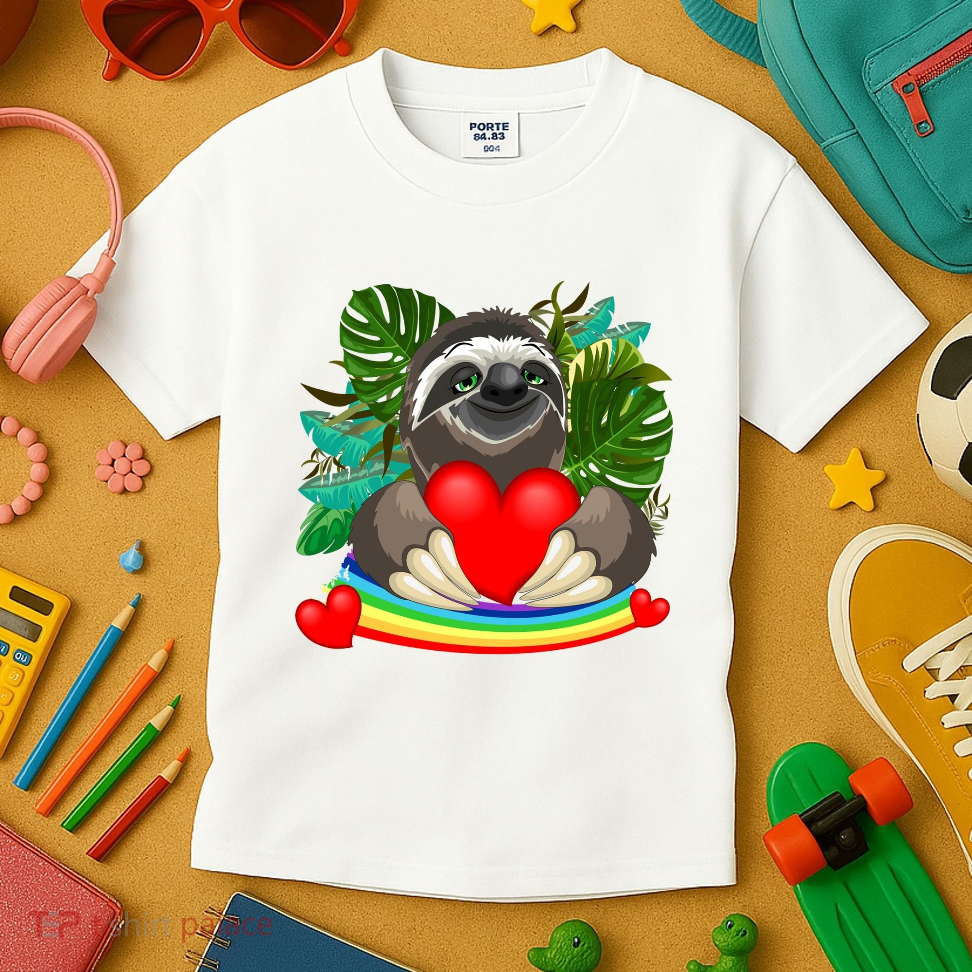 Happy Valentines Day Cute Sloth With Rainbow And Heart Kids T-Shirt
