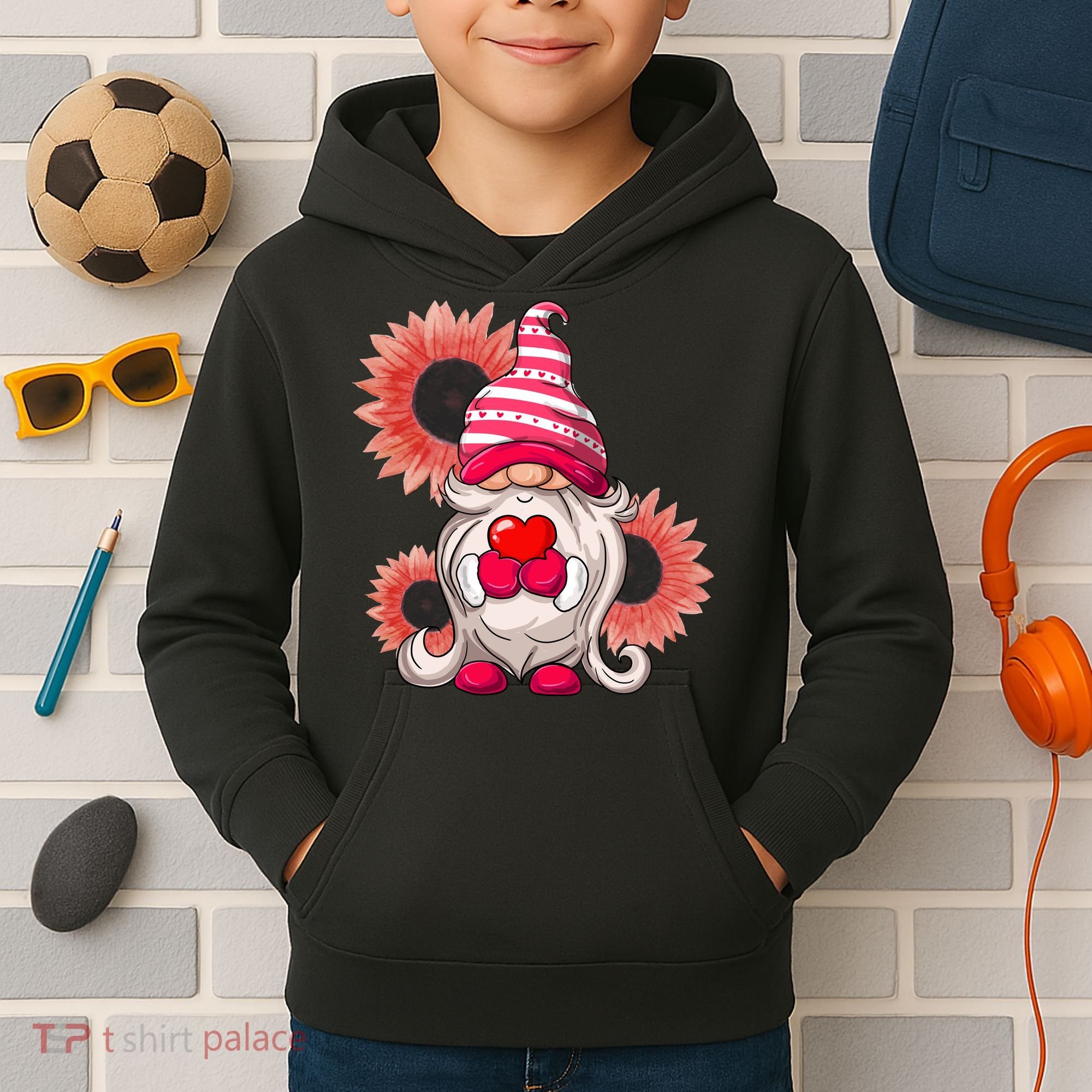 Happy Valentine's Day Gnome Sunflower Kids Hoodie