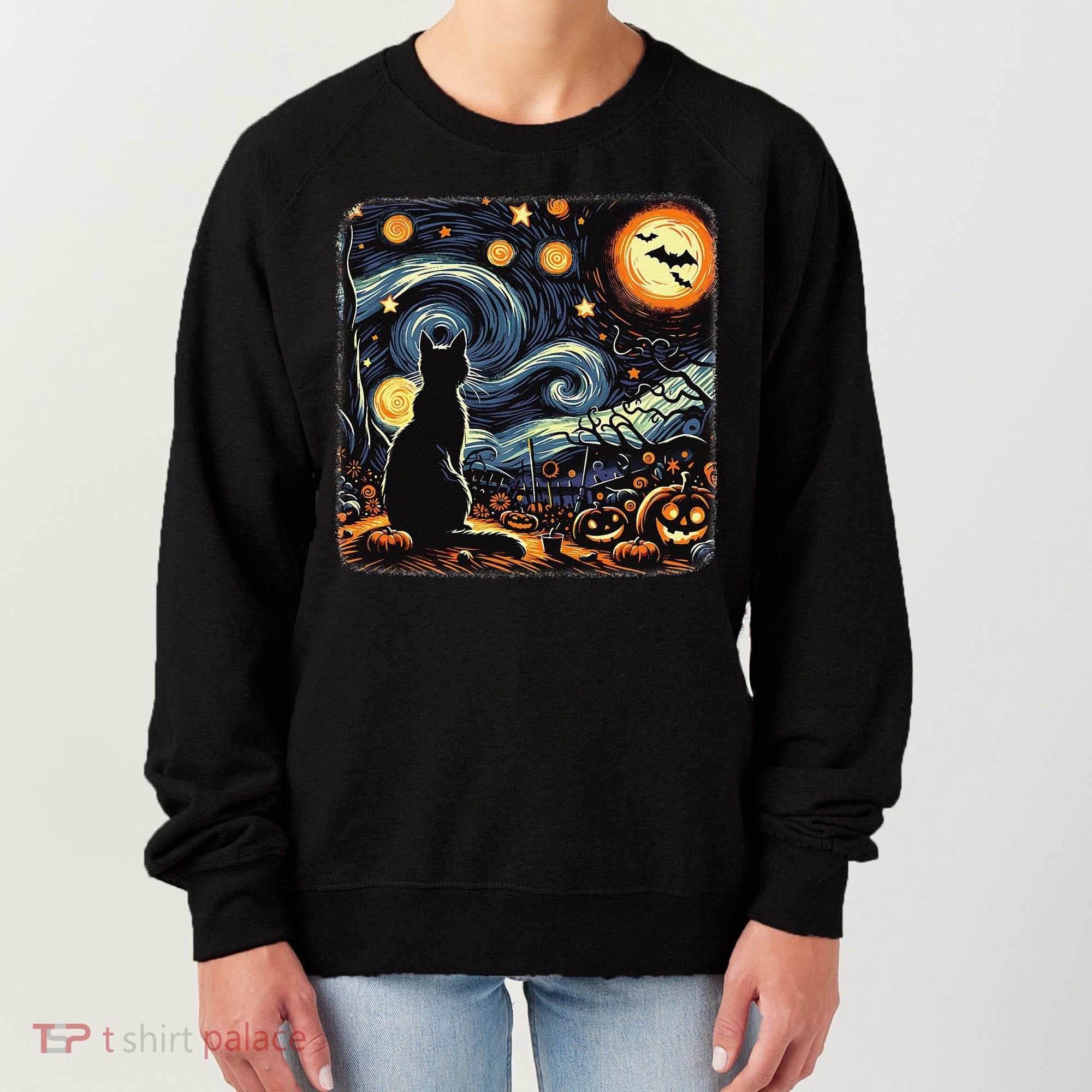 Halloween Van Gogh Starry Night Black Cat Pumpkins Bats Women's Sweatshirt