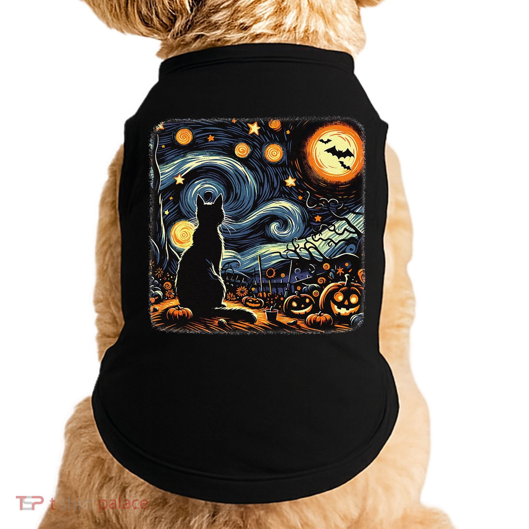 Halloween Van Gogh Starry Night Black Cat Pumpkins Bats Doggie Tank