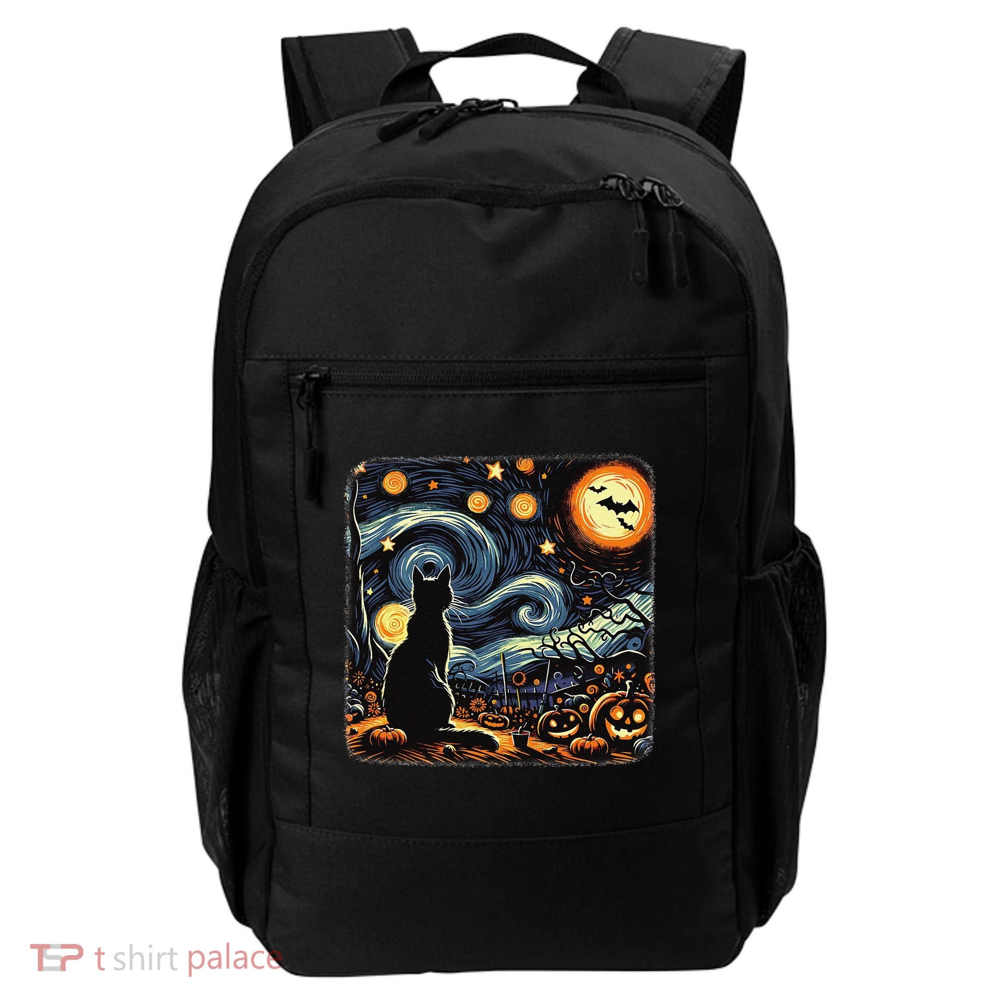 Halloween Van Gogh Starry Night Black Cat Pumpkins Bats Backpack