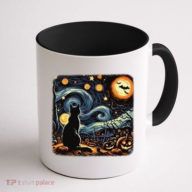 Halloween Van Gogh Starry Night Black Cat Pumpkins Bats Coffee Mug back