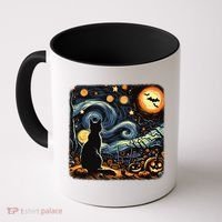 Halloween Van Gogh Starry Night Black Cat Pumpkins Bats Coffee Mug thumb 0