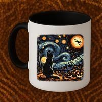 Halloween Van Gogh Starry Night Black Cat Pumpkins Bats Coffee Mug thumb 2