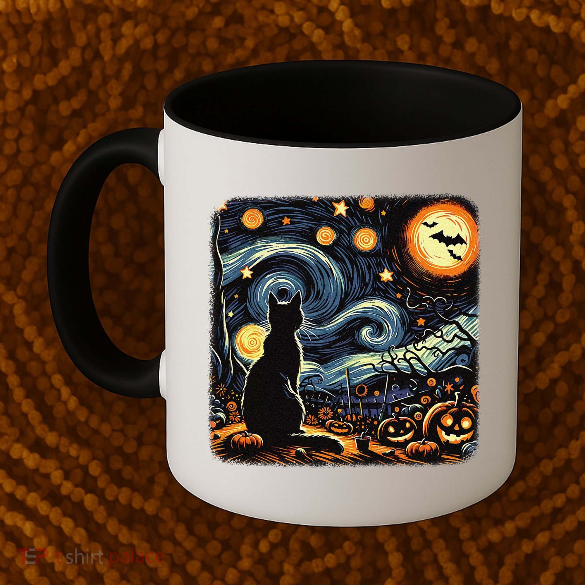 Halloween Van Gogh Starry Night Black Cat Pumpkins Bats Coffee Mug