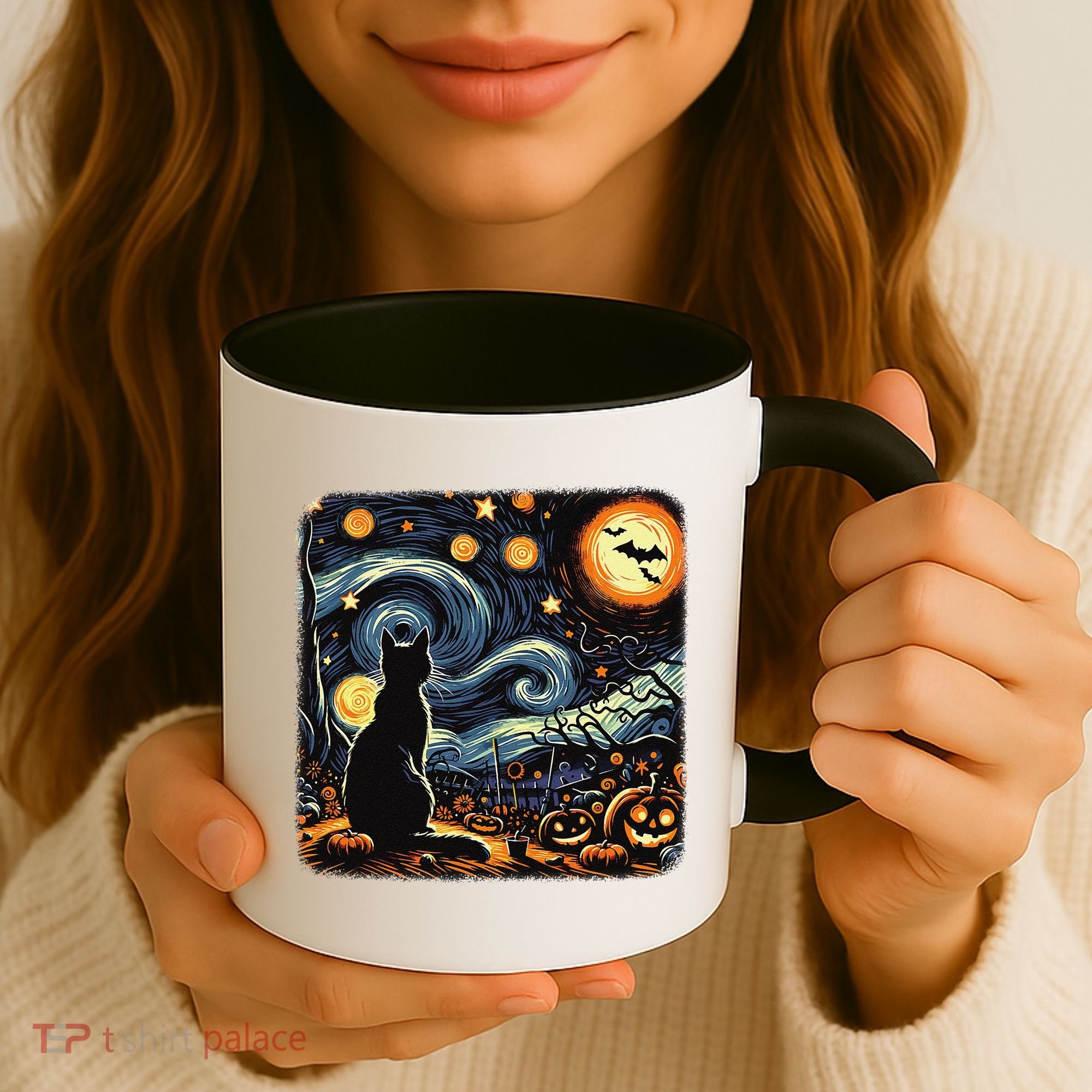 Halloween Van Gogh Starry Night Black Cat Pumpkins Bats Coffee Mug