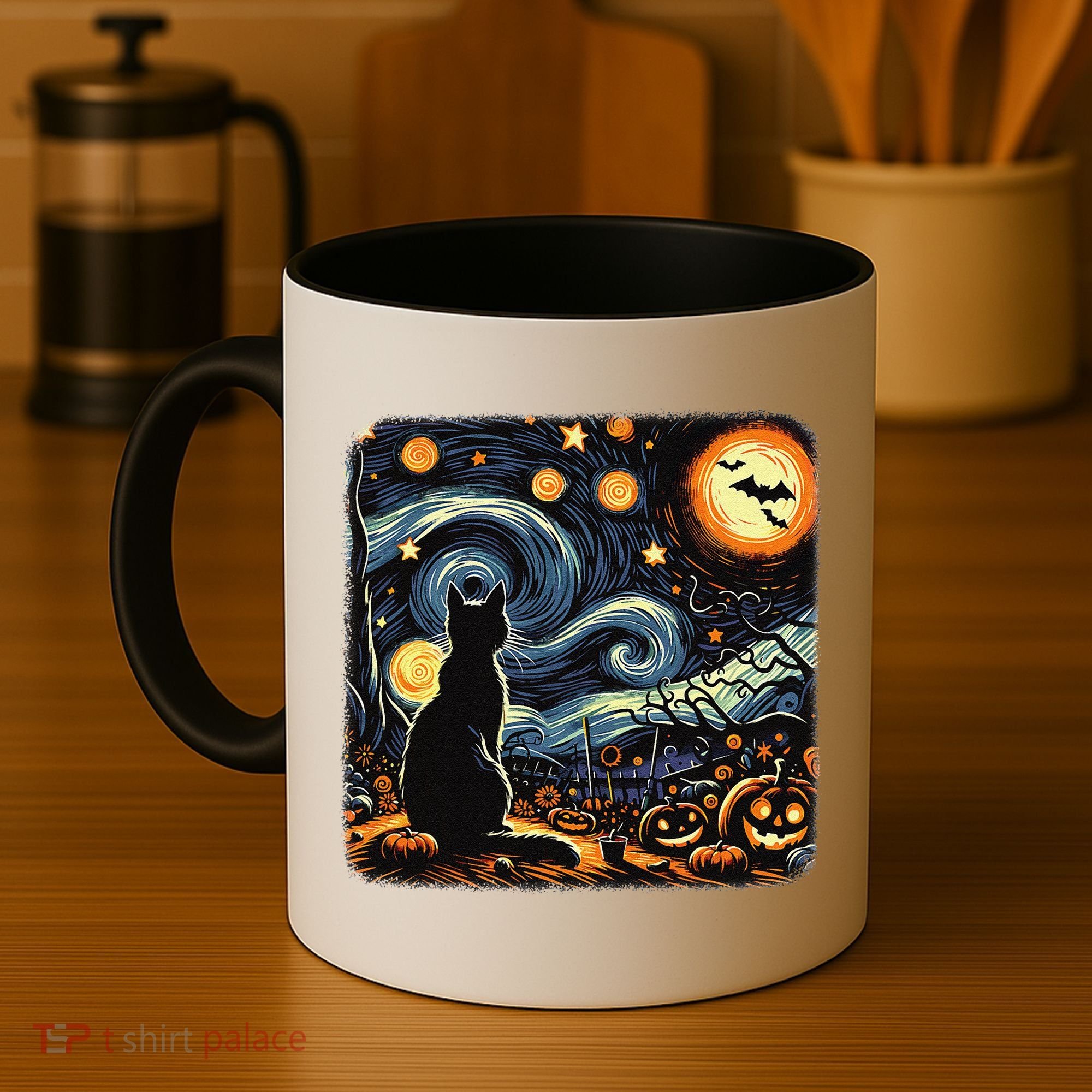 Halloween Van Gogh Starry Night Black Cat Pumpkins Bats Coffee Mug