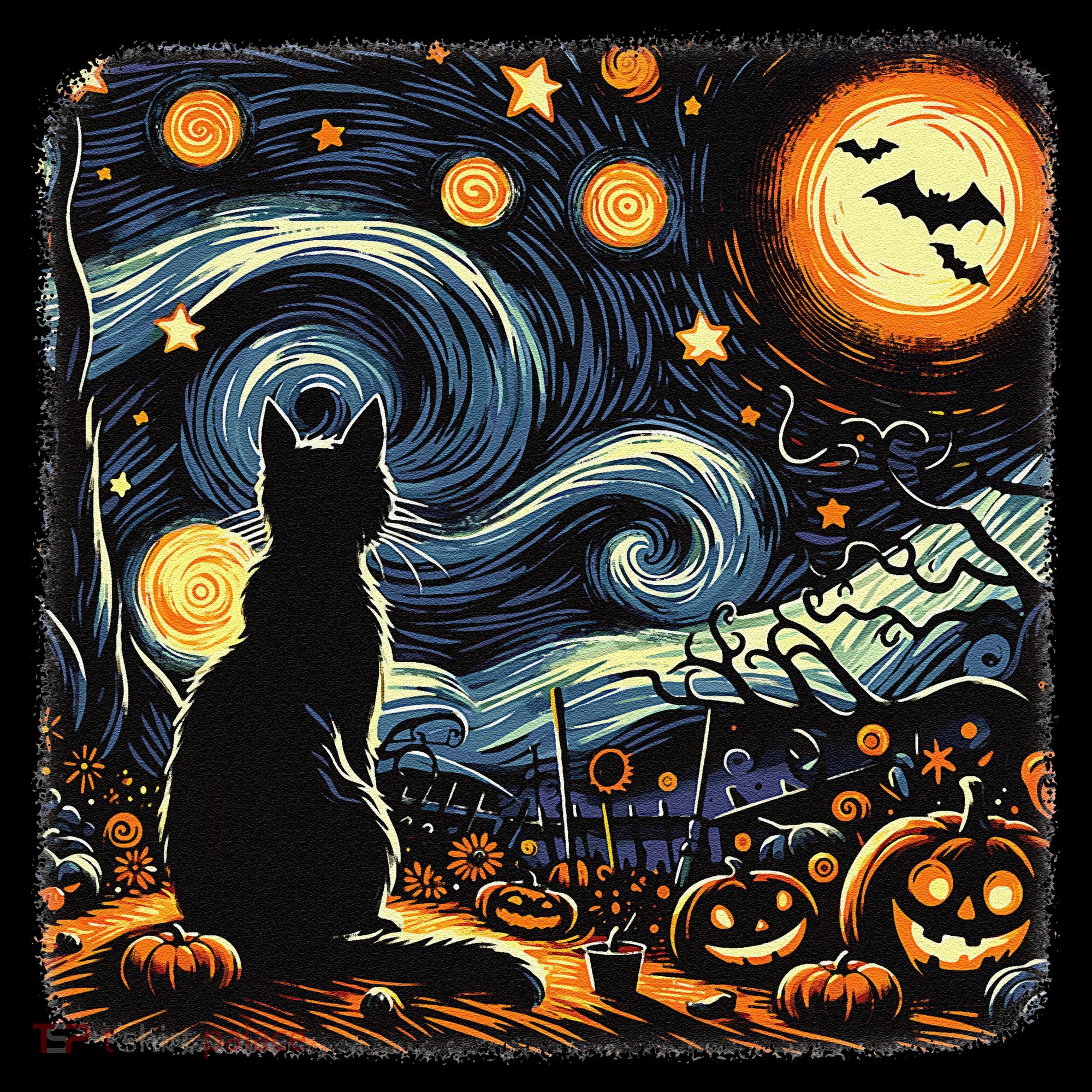 Halloween Van Gogh Starry Night Black Cat Pumpkins Bats Coffee Mug