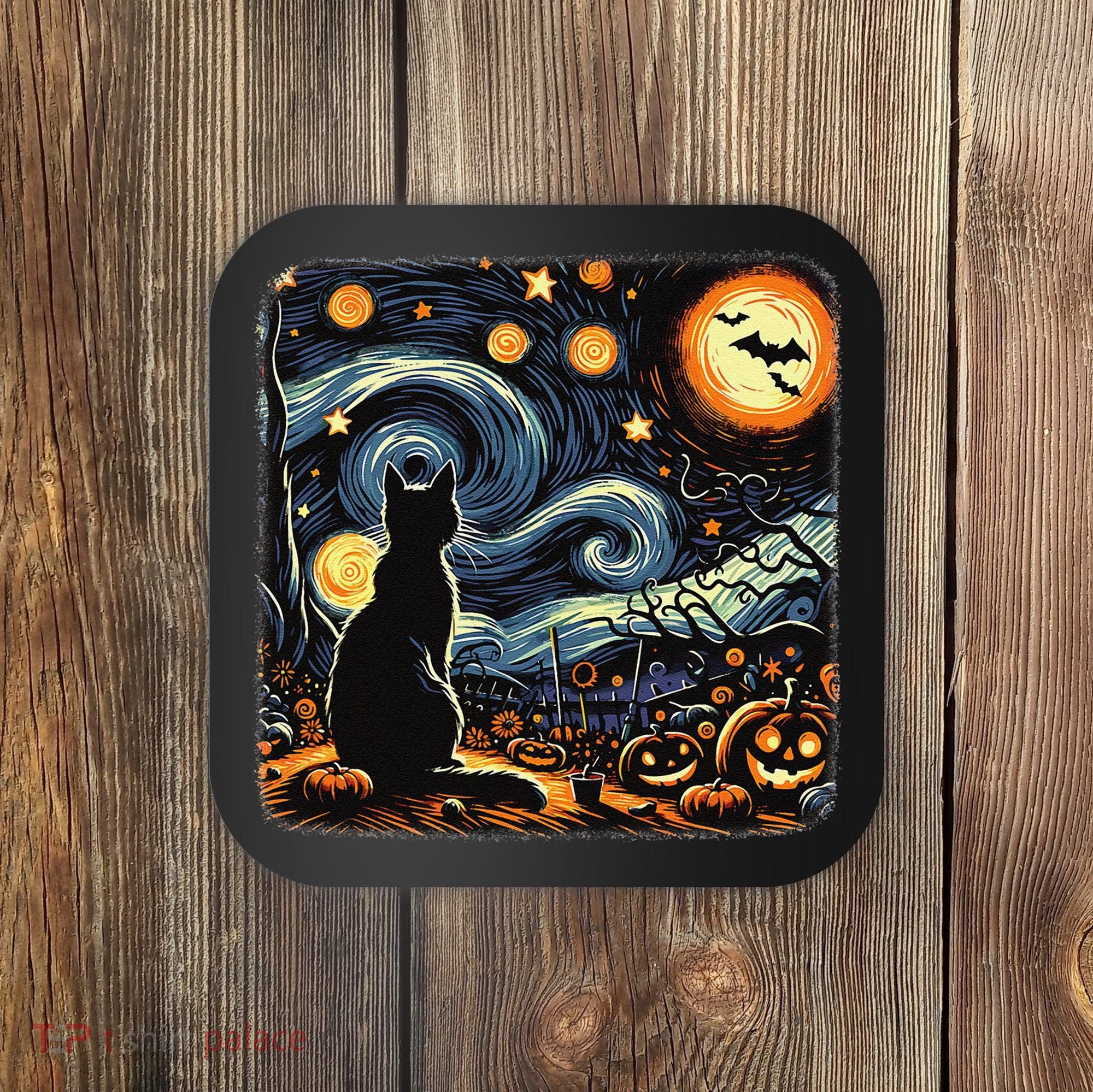 Halloween Van Gogh Starry Night Black Cat Pumpkins Bats Coaster