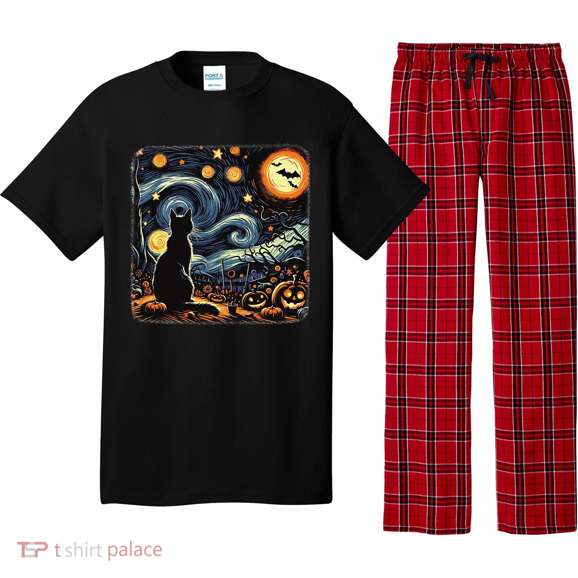 Halloween Van Gogh Starry Night Black Cat Pumpkins Bats Pajama Set