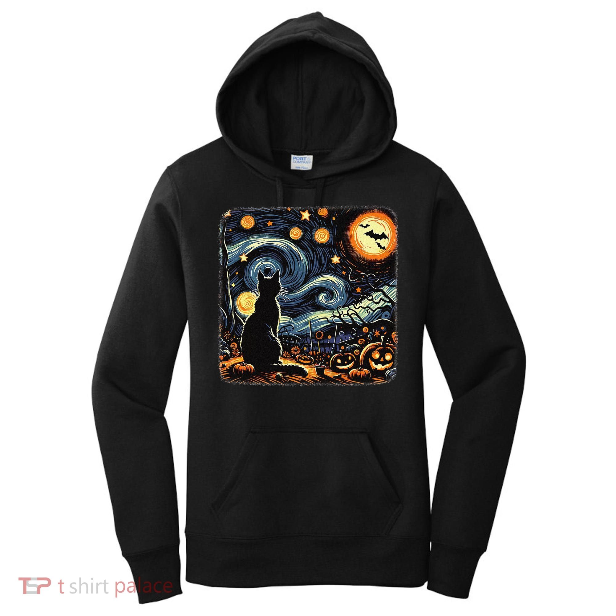 Halloween Van Gogh Starry Night Black Cat Pumpkins Bats Women's Hoodie
