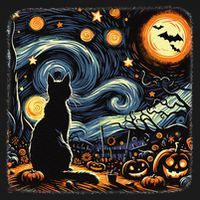 Halloween Van Gogh Starry Night Black Cat Pumpkins Bats Women's Hoodie thumb 2