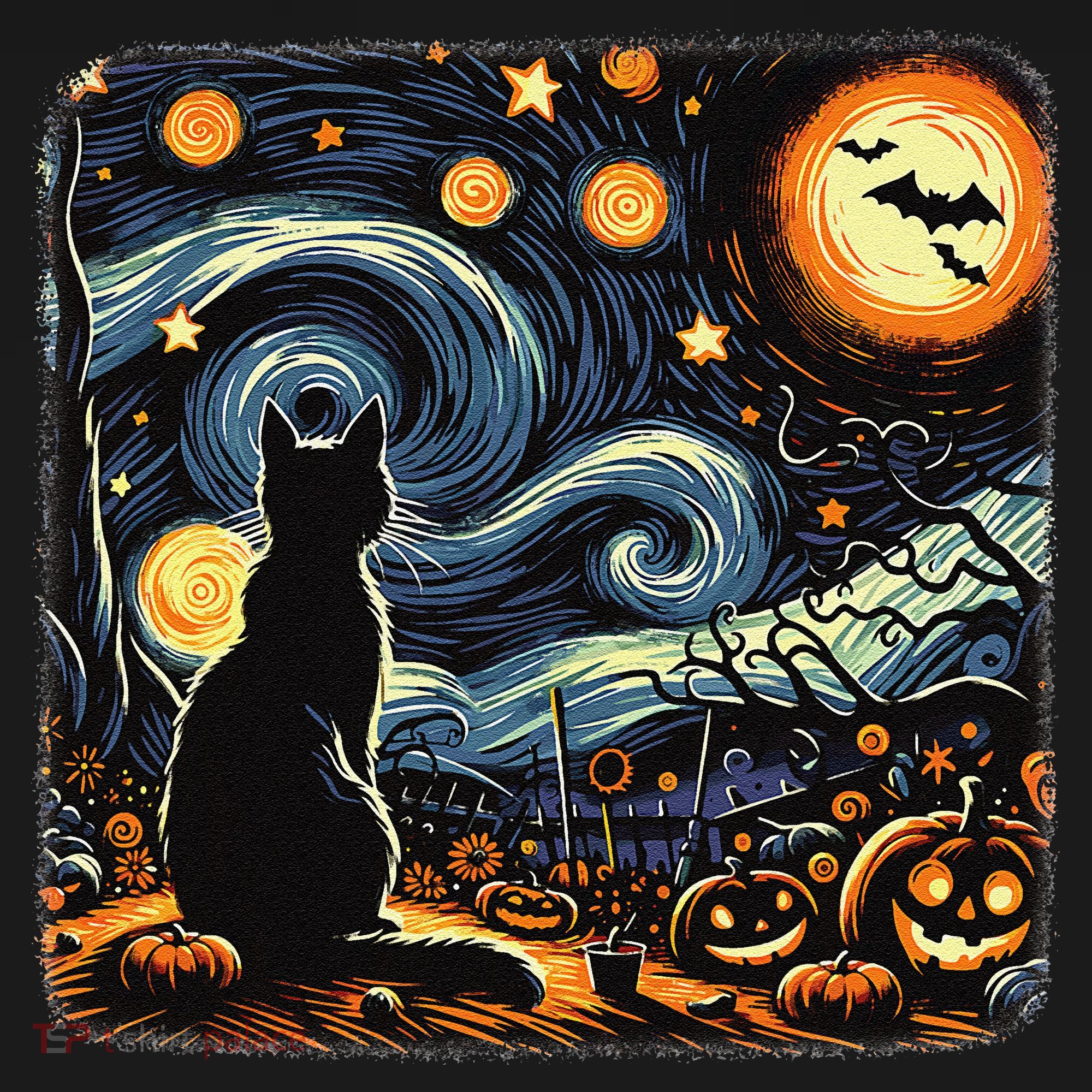 Halloween Van Gogh Starry Night Black Cat Pumpkins Bats Women's Hoodie