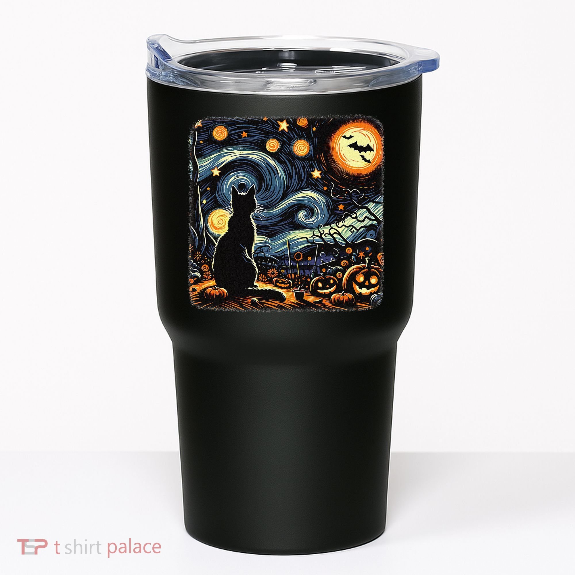Halloween Van Gogh Starry Night Black Cat Pumpkins Bats Tumbler