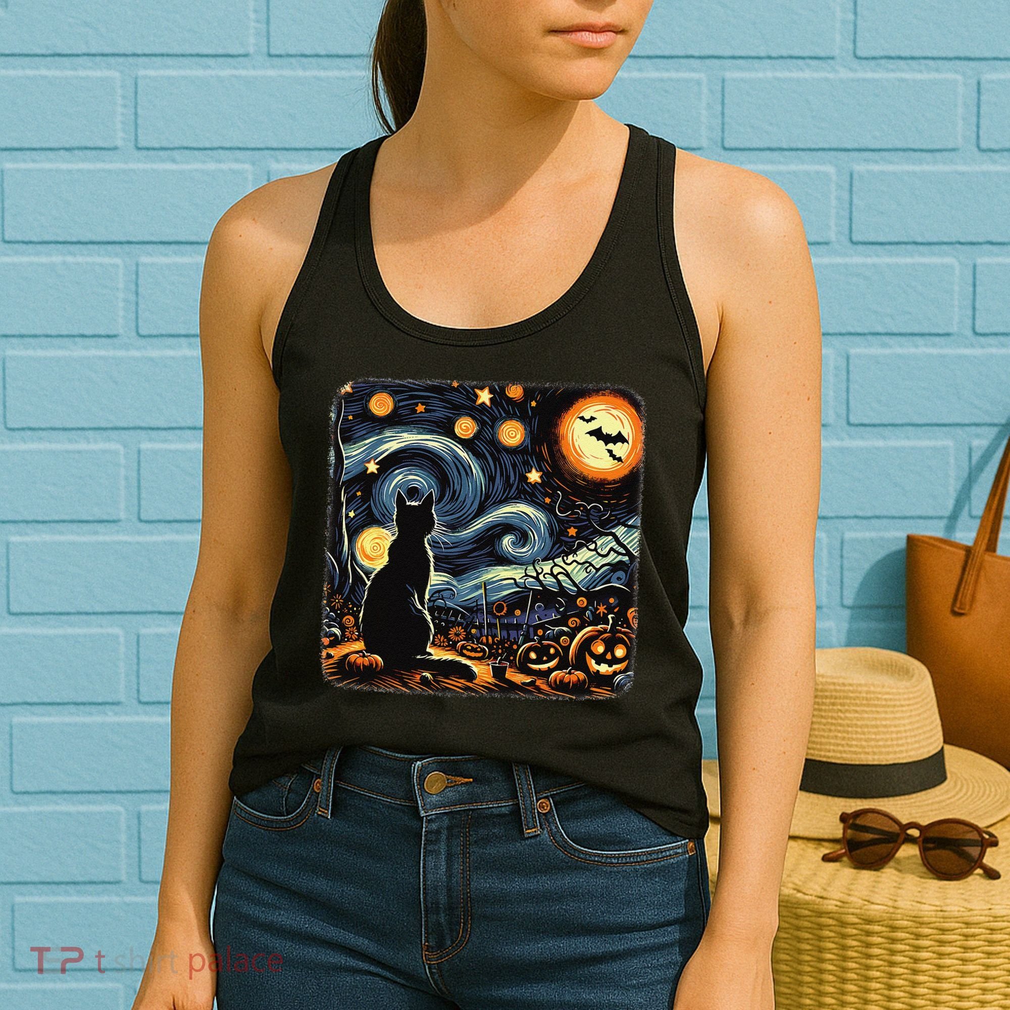 Halloween Van Gogh Starry Night Black Cat Pumpkins Bats Women's Tank Top