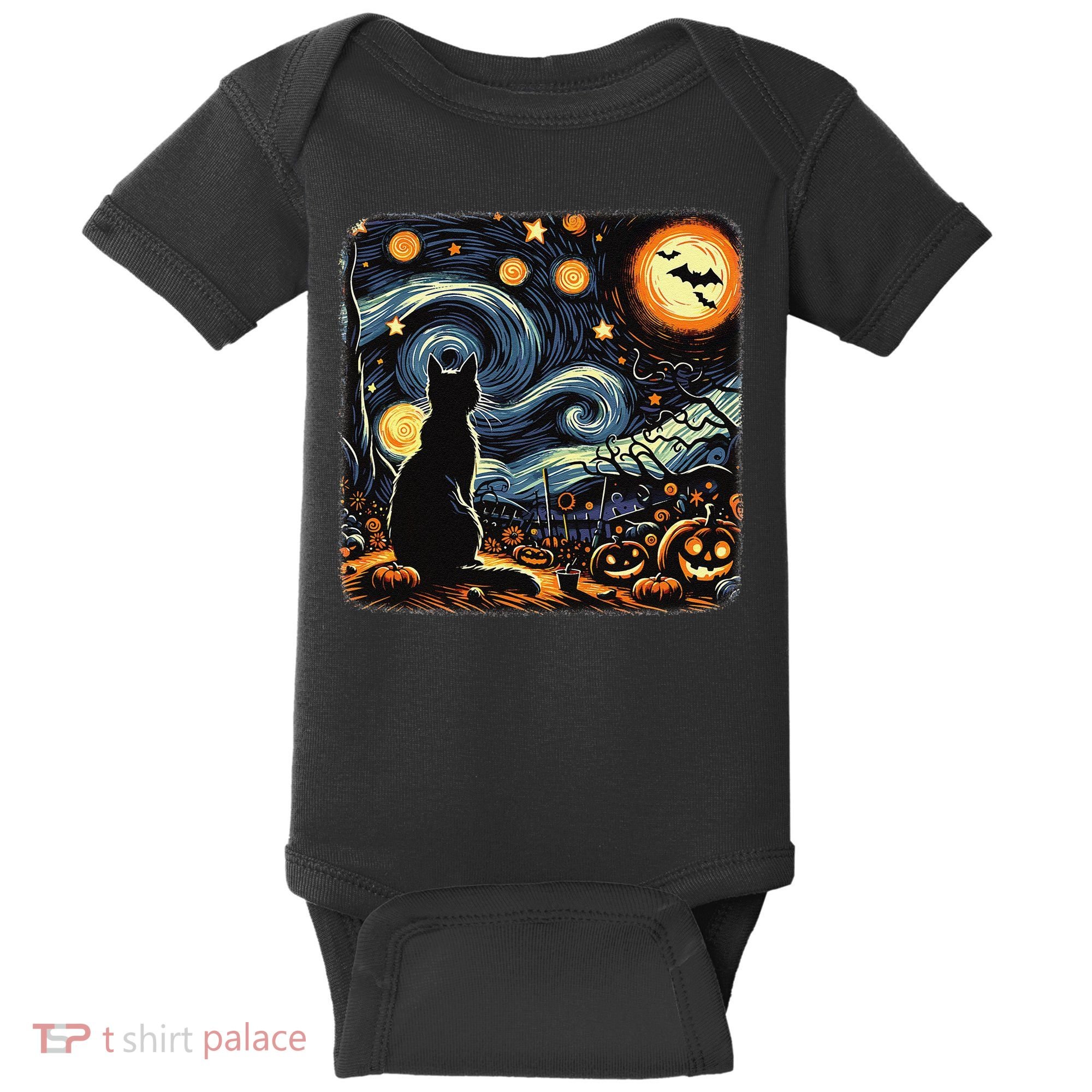 Halloween Van Gogh Starry Night Black Cat Pumpkins Bats Baby Bodysuit