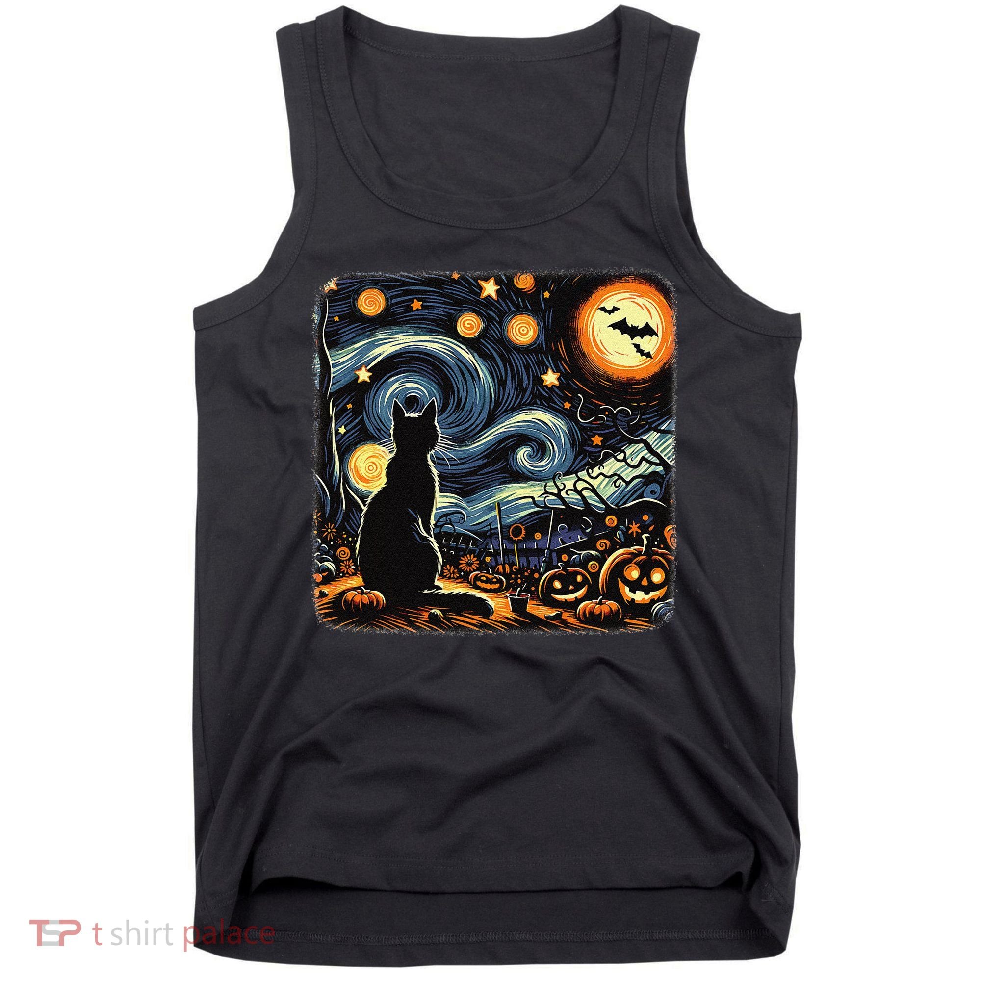 Halloween Van Gogh Starry Night Black Cat Pumpkins Bats Tank Top