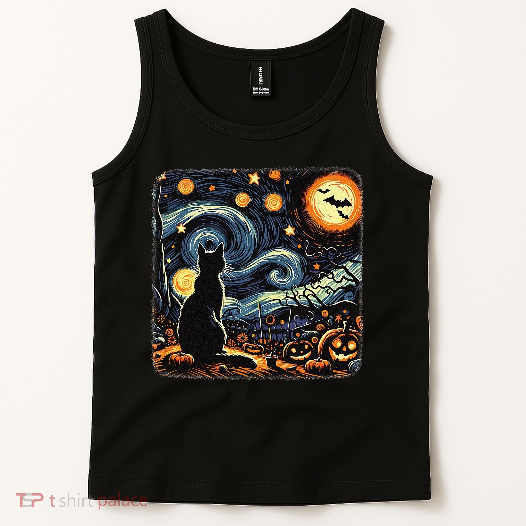 Halloween Van Gogh Starry Night Black Cat Pumpkins Bats Tank Top
