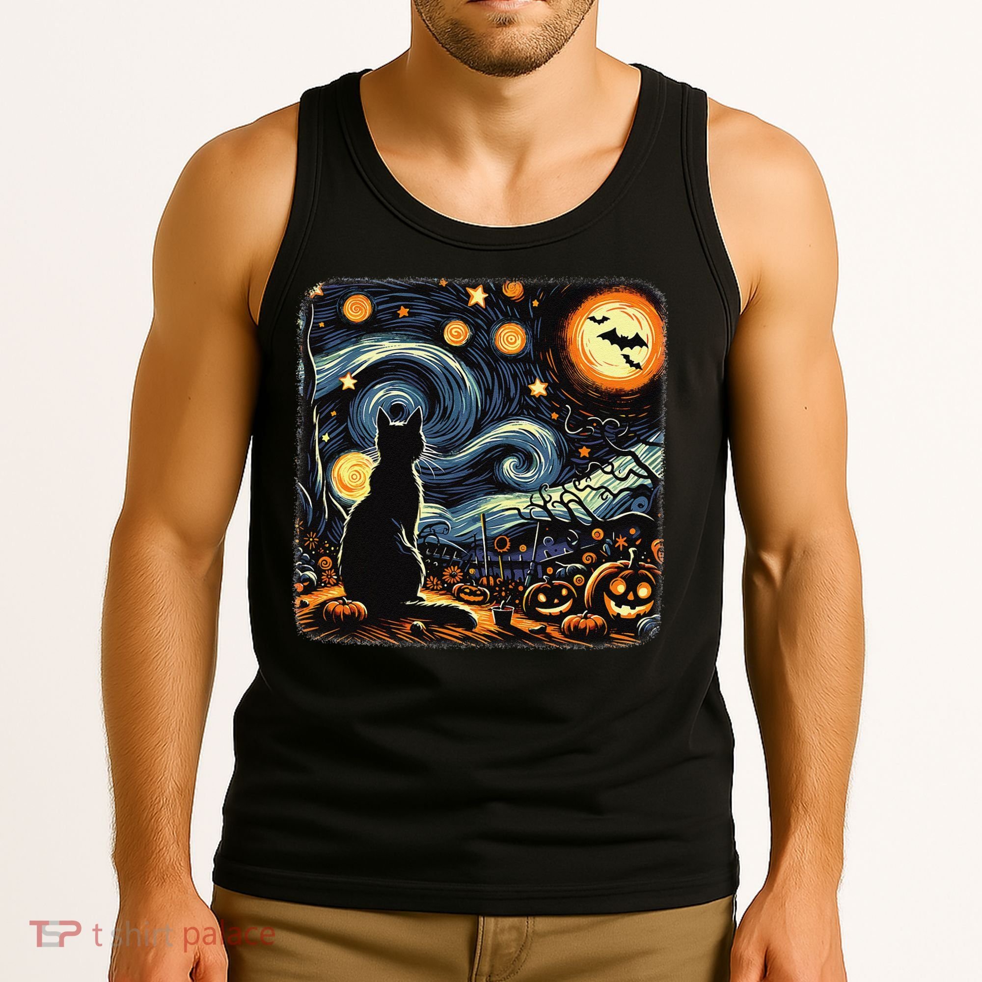 Halloween Van Gogh Starry Night Black Cat Pumpkins Bats Tank Top