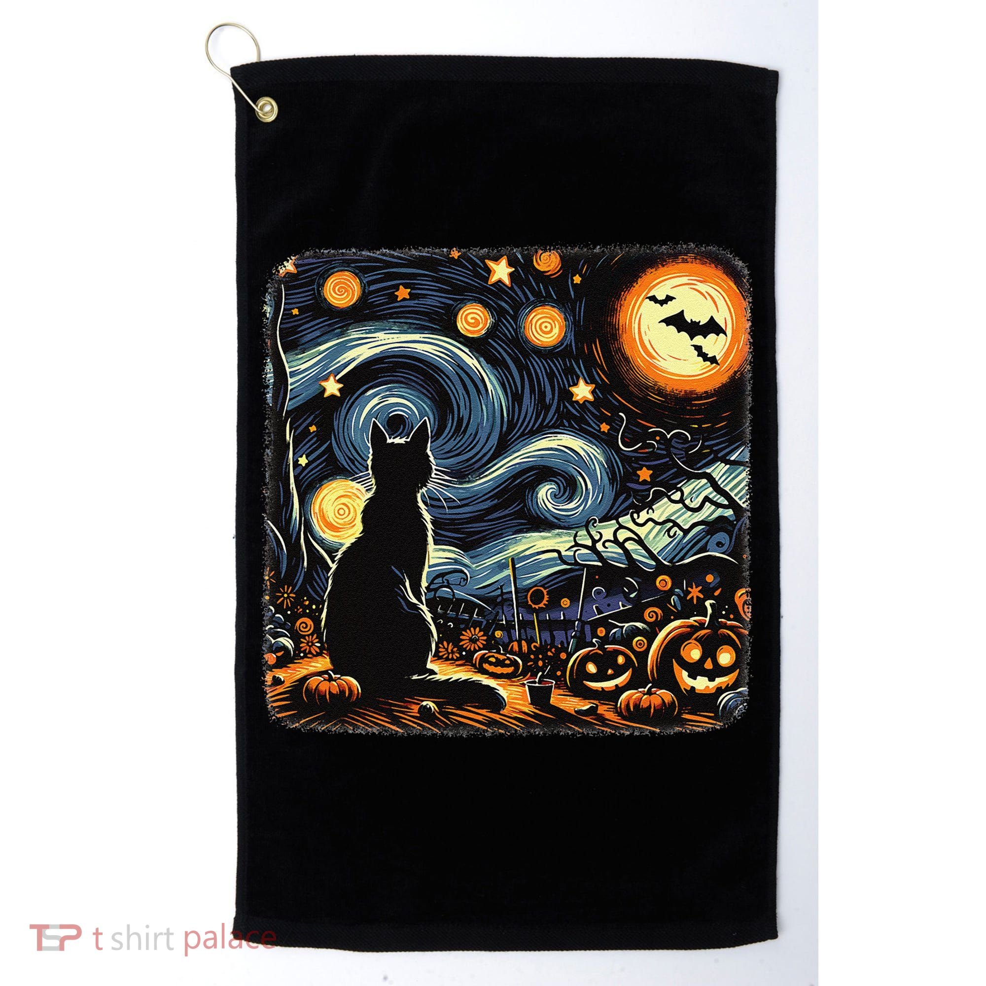 Halloween Van Gogh Starry Night Black Cat Pumpkins Bats Golf Towel