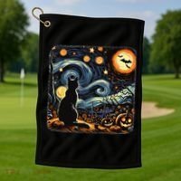 Halloween Van Gogh Starry Night Black Cat Pumpkins Bats Golf Towel thumb 1