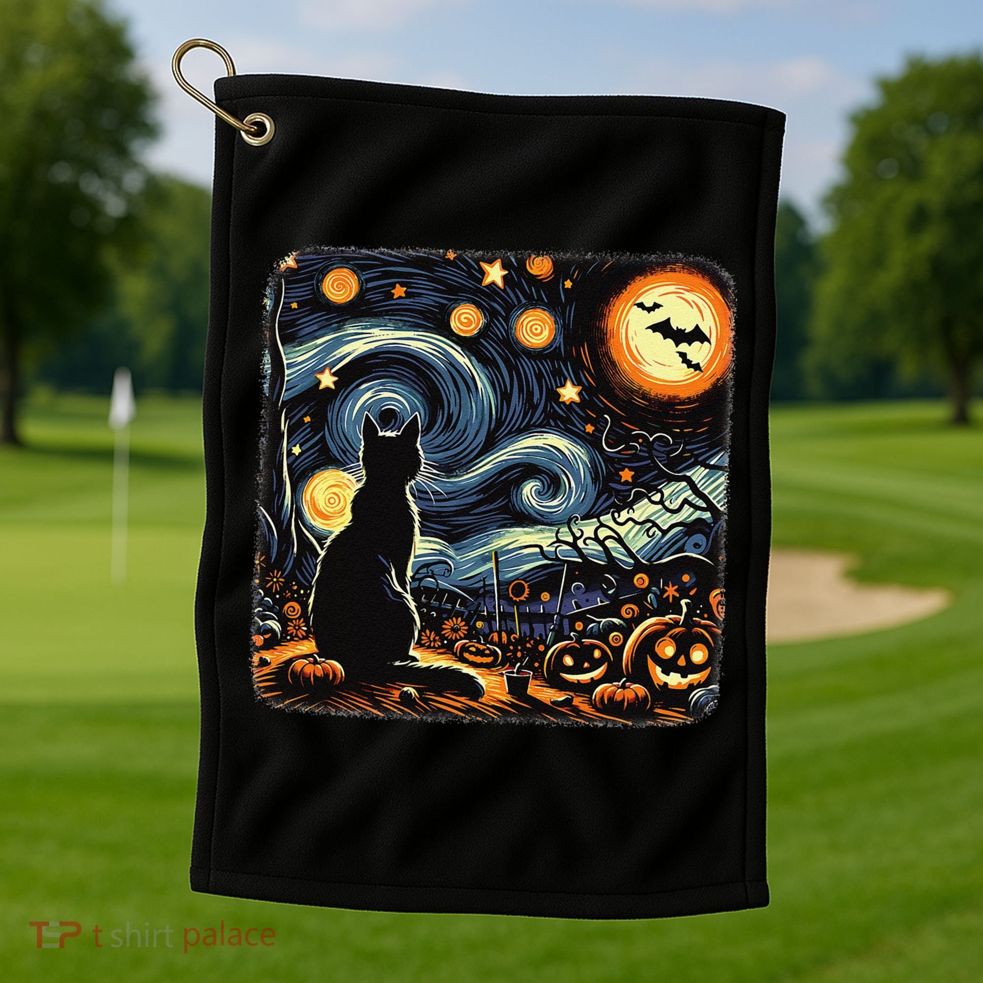 Halloween Van Gogh Starry Night Black Cat Pumpkins Bats Golf Towel