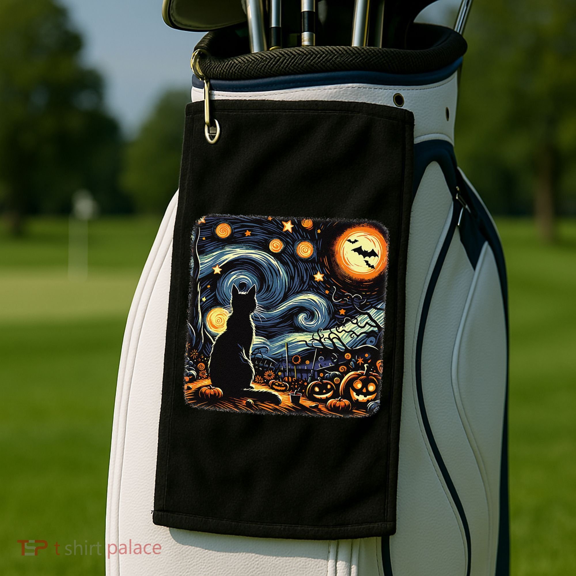 Halloween Van Gogh Starry Night Black Cat Pumpkins Bats Golf Towel