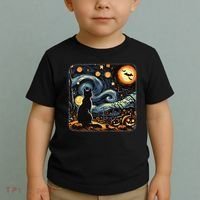 Halloween Van Gogh Starry Night Black Cat Pumpkins Bats Toddler T-Shirt thumb 2
