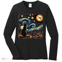 Halloween Van Gogh Starry Night Black Cat Pumpkins Bats Women's Long Sleeve Shirt thumb 0