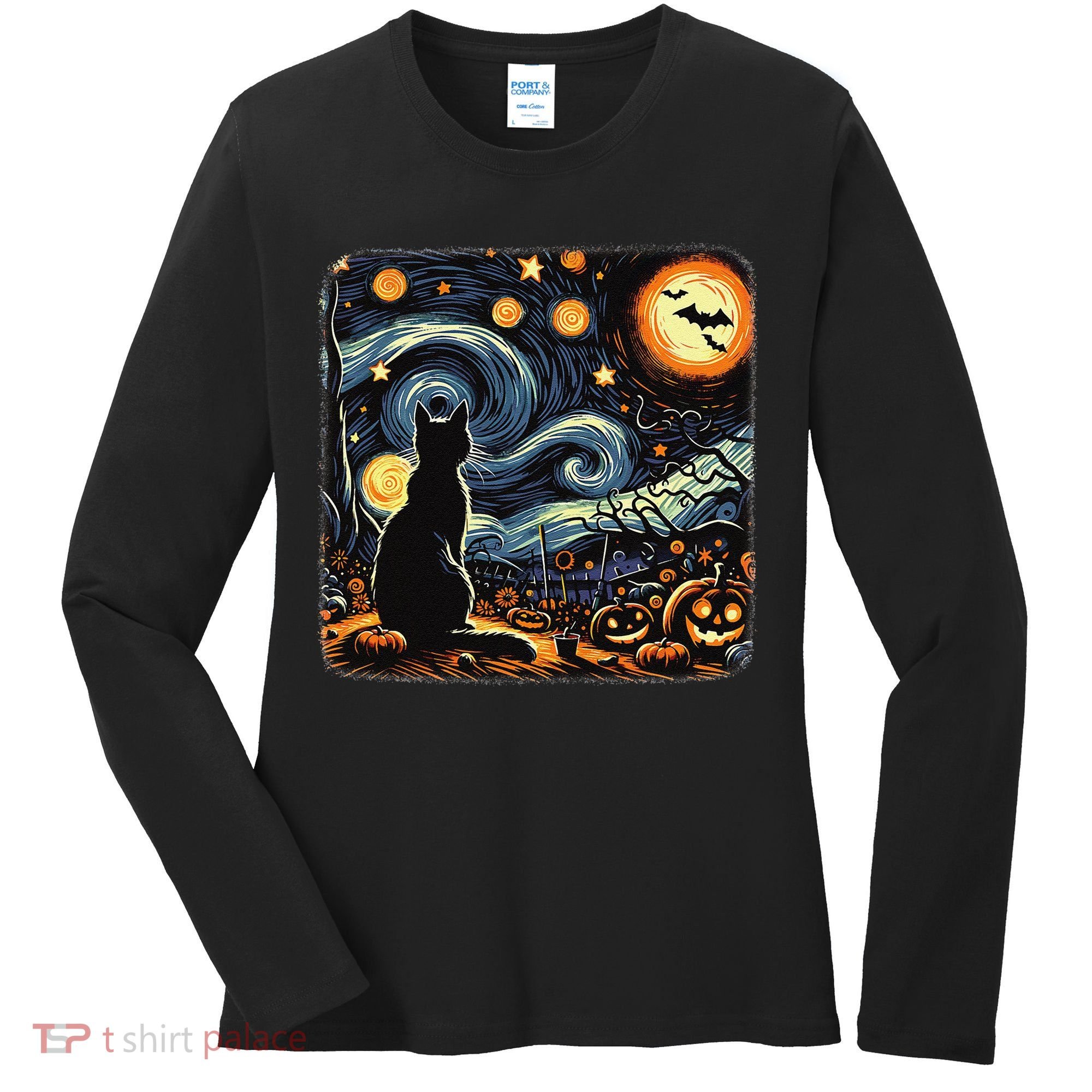Halloween Van Gogh Starry Night Black Cat Pumpkins Bats Women's Long Sleeve Shirt