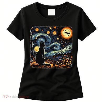 Halloween Van Gogh Starry Night Black Cat Pumpkins Bats Women's T-Shirt