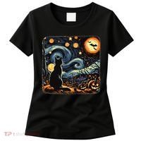 Halloween Van Gogh Starry Night Black Cat Pumpkins Bats Women's T-Shirt thumb 0