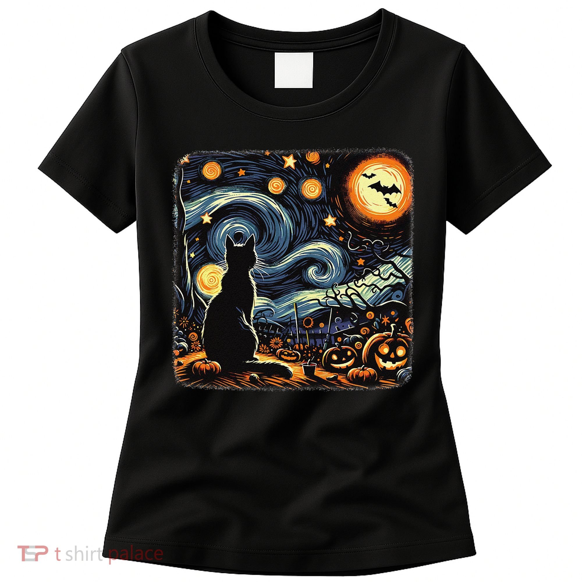 Halloween Van Gogh Starry Night Black Cat Pumpkins Bats Women's T-Shirt