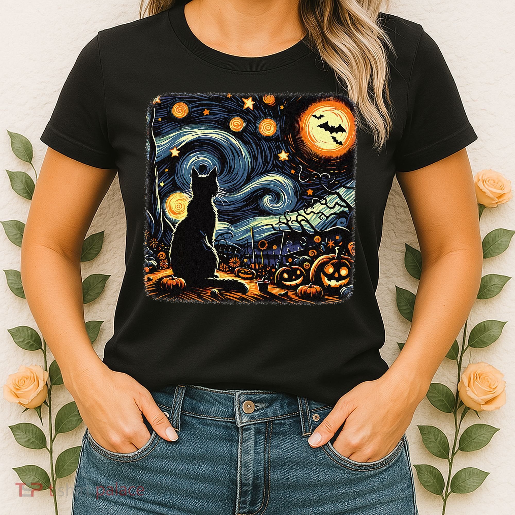 Halloween Van Gogh Starry Night Black Cat Pumpkins Bats Women's T-Shirt
