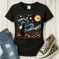 Halloween Van Gogh Starry Night Black Cat Pumpkins Bats Women's T-Shirt thumb 3
