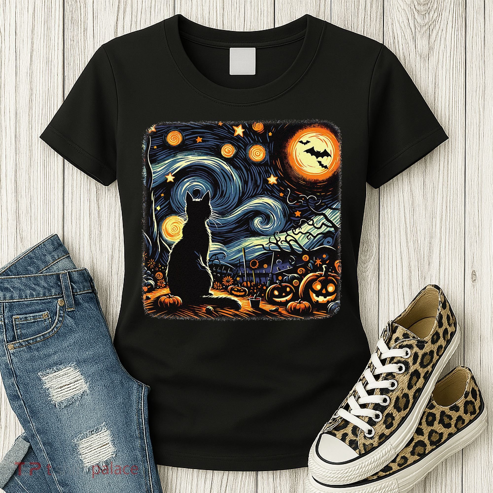 Halloween Van Gogh Starry Night Black Cat Pumpkins Bats Women's T-Shirt