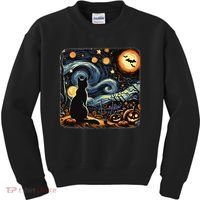 Halloween Van Gogh Starry Night Black Cat Pumpkins Bats Kids Sweatshirt thumb 0
