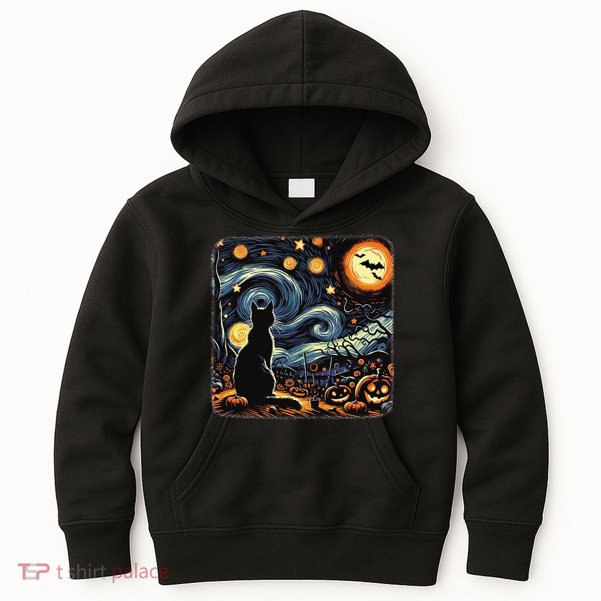 Halloween Van Gogh Starry Night Black Cat Pumpkins Bats Kids Hoodie
