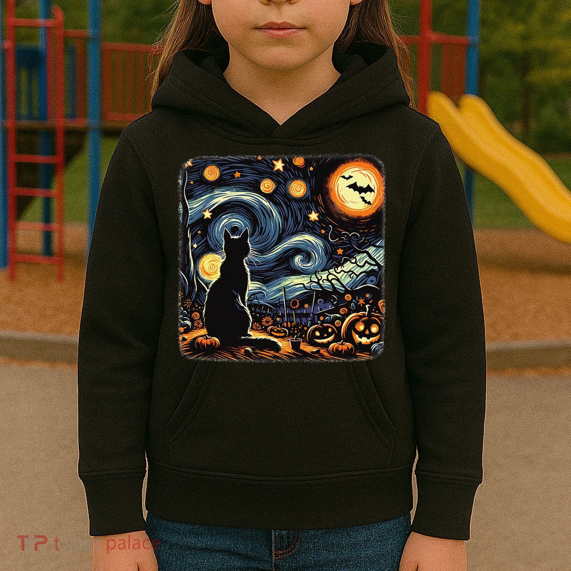 Halloween Van Gogh Starry Night Black Cat Pumpkins Bats Kids Hoodie